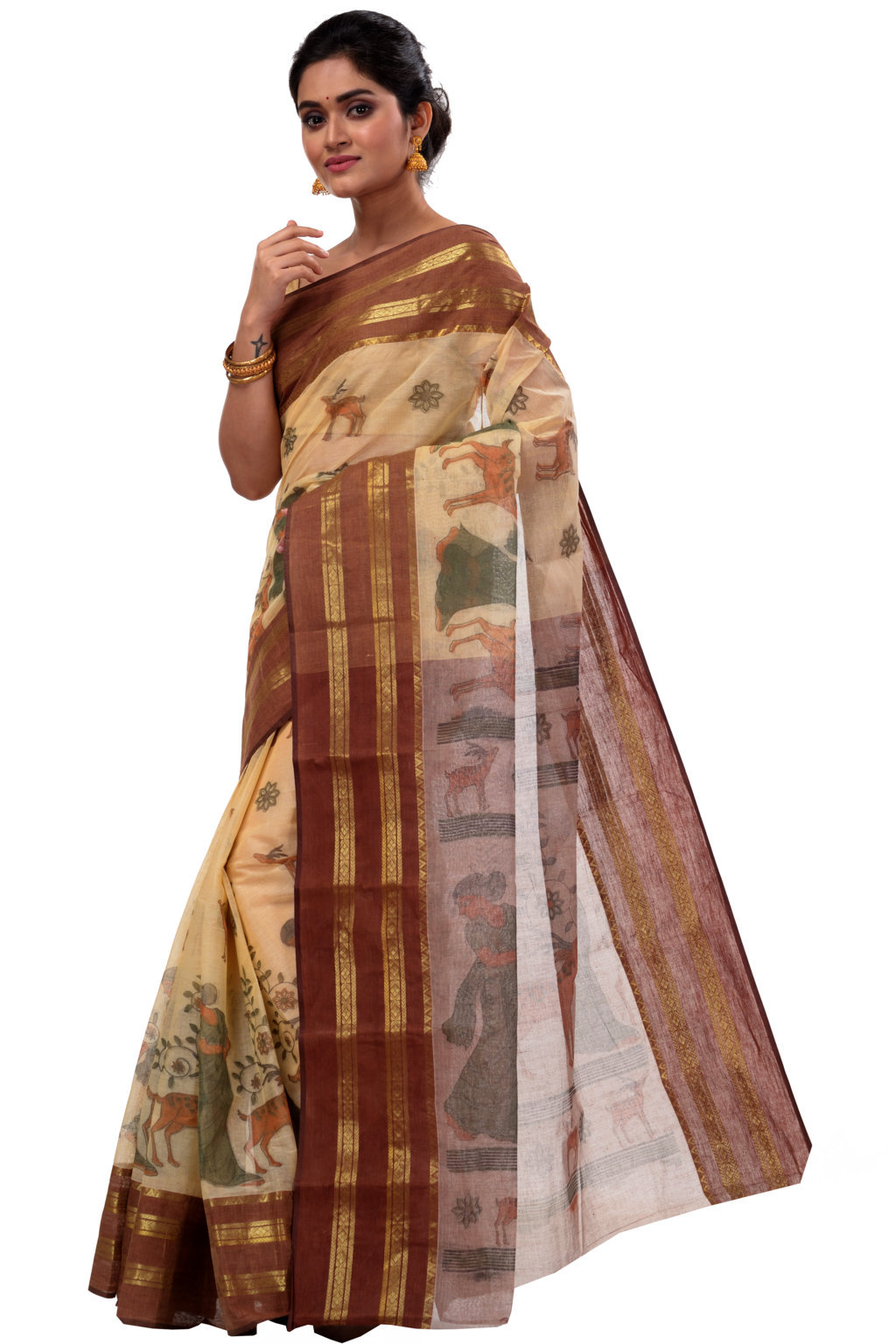 Brown Pure Cotton Sakuntala Tant Saree Print (2231)